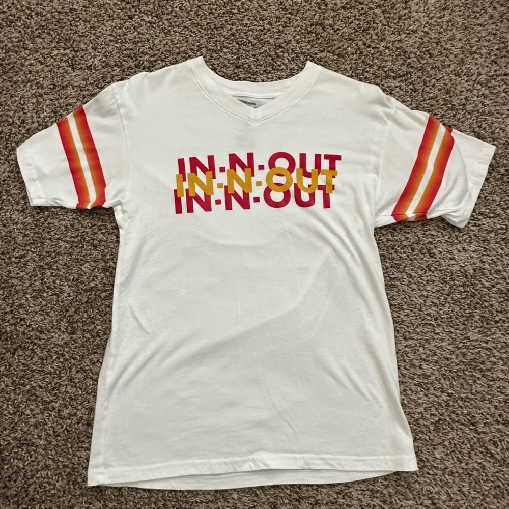 RARE IN N OUT White Tee with Red and Yellow Accents